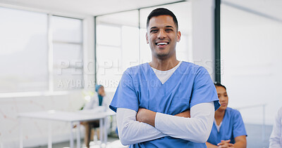 Buy stock photo Portrait, career and man with arms crossed, doctor and confidence with employee, surgeon and clinic. Face, person or medical professional in a hospital, career or physician with uniform or healthcare