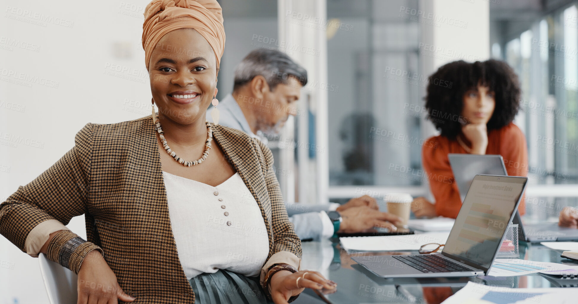 Buy stock photo Portrait, business and black woman at table in office at meeting, coworking and startup career. Face, smile and creative designer, African entrepreneur and confident professional employee in company.