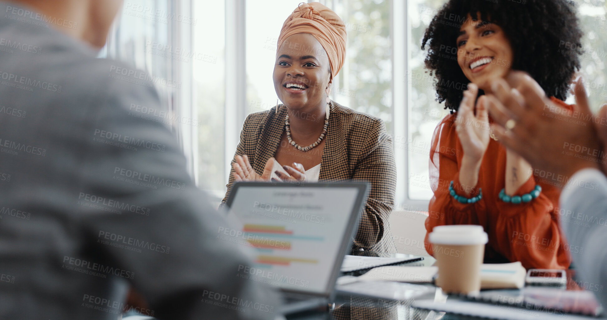 Buy stock photo Goals, success and applause with a business team in the boardroom for motivation or support of an achievement. Collaboration, target and celebration with an employee group in the office for a meeting