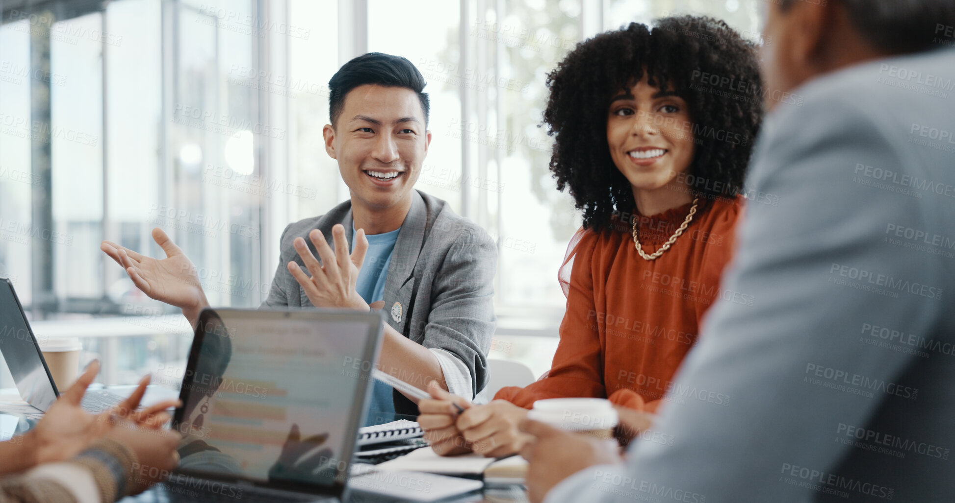 Buy stock photo Business meeting, talking and happy people collaboration, brainstorming and listening to sales pitch. Teamwork, acquisition discussion and team negotiation, conversation or consulting on research