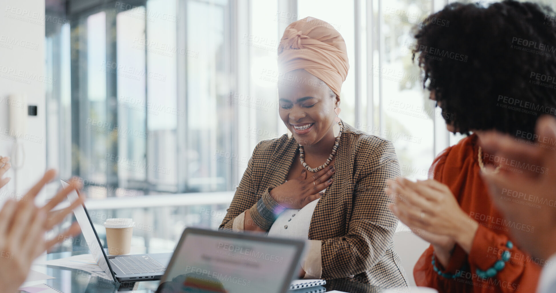 Buy stock photo Goals, thank you and applause with a business team in the boardroom for motivation or support of an achievement. Success, target and celebration with an employee group in the office for a meeting