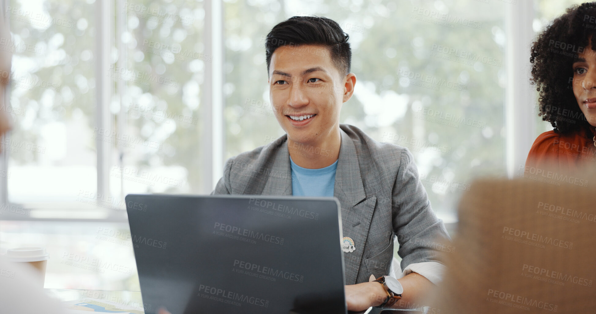 Buy stock photo Business people meeting, laptop or happy Asian man, boss or manager report online feedback, consulting or negotiation. Collaboration, team cooperation or professional group working on client strategy