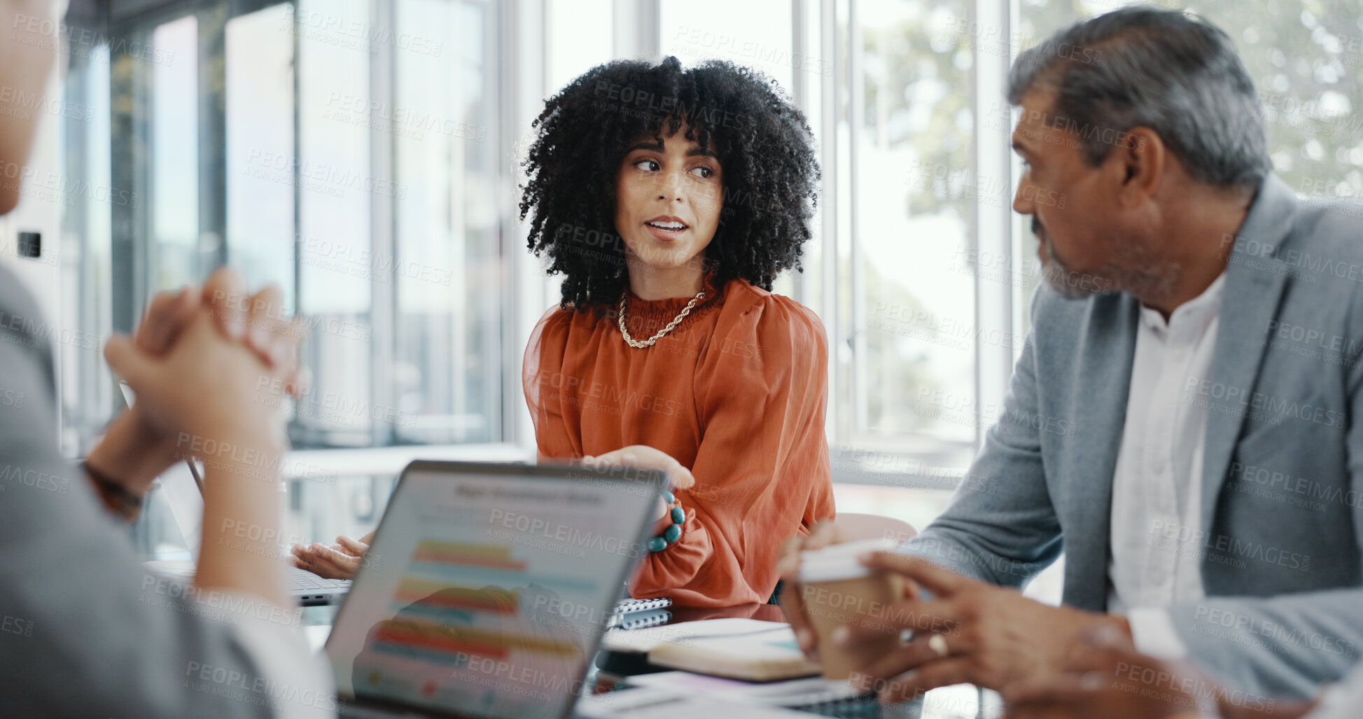 Buy stock photo Business meeting, communication and people listening to sales pitch, development project or investment plan. Teamwork, acquisition discussion and team negotiation, conversation and planning research