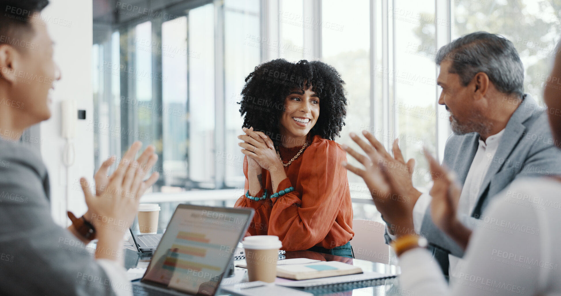 Buy stock photo Target, success and applause with a business team in the boardroom for motivation or support of an achievement. Collaboration, goals and celebration with an employee group in the office for a meeting