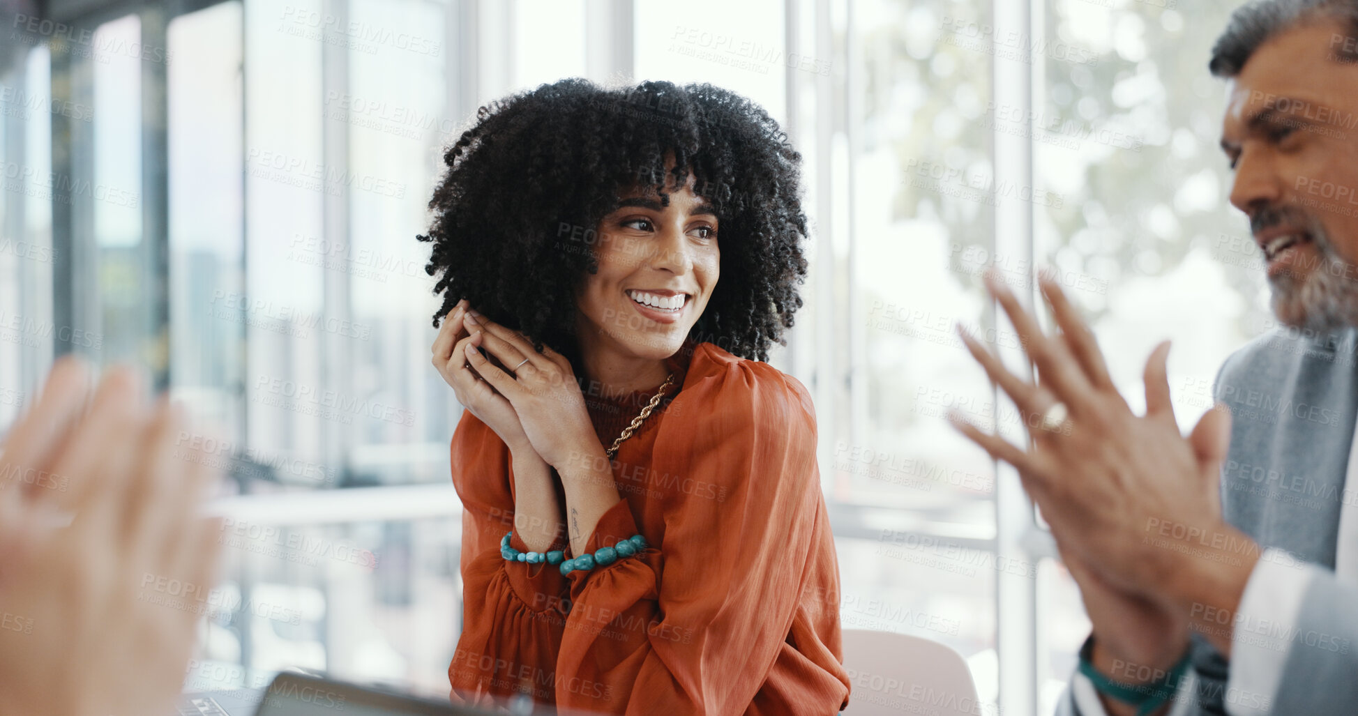 Buy stock photo Goals, support and applause with a business team in the boardroom for motivation, success or achievement. Collaboration, target and celebration with a woman employee in the office for a meeting