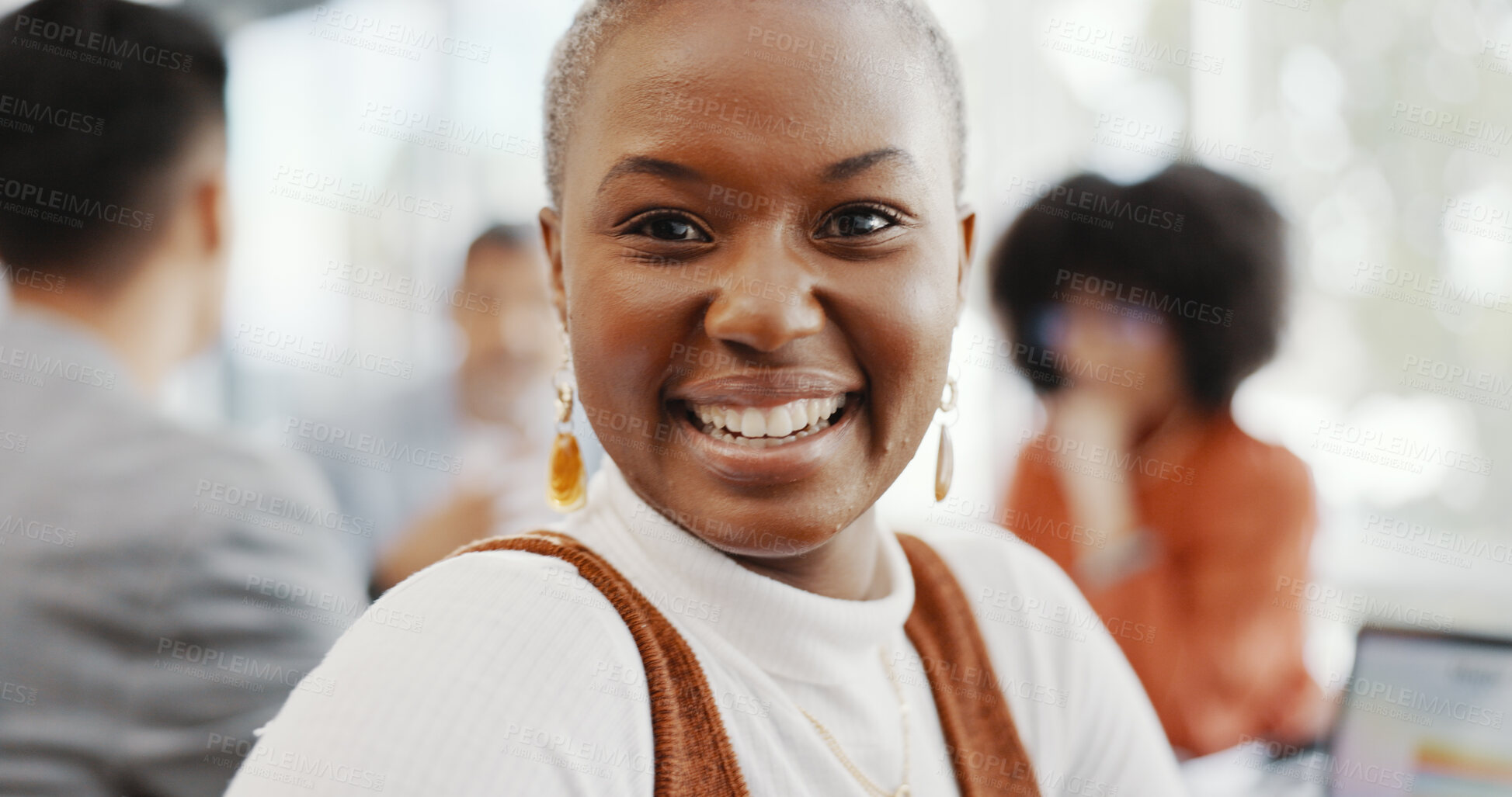 Buy stock photo Portrait, business and happy black woman in office at meeting, coworking and startup career. Face, smile and creative designer, African entrepreneur and confident professional employee in company.