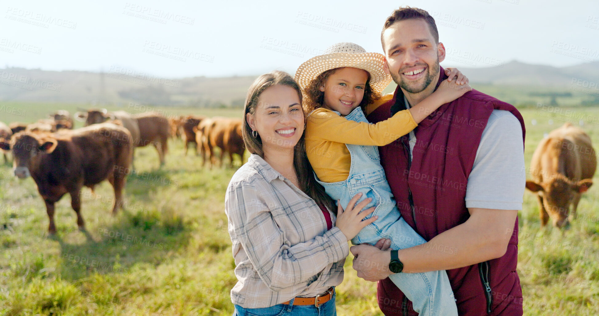 Buy stock photo Mother, father and girl hug on farm with cows in nature environment, agriculture or countryside sustainability landscape. Portrait, smile and happy farmer family with cattle for meat, dairy or beef