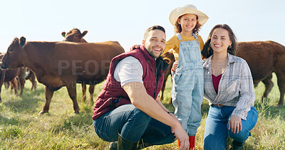 Farm, portrait and family bonding in nature, looking at animals and learning about livestock. Farming, agriculture and farmer parents bonding with girl on sustainable cattle business, relax and happy