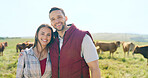 Cow, love and happy couple on a cattle farm hugging, bonding and enjoy quality time outdoors in nature. Smile, portrait and woman farming cows and harvesting animal livestock with a farmer on field