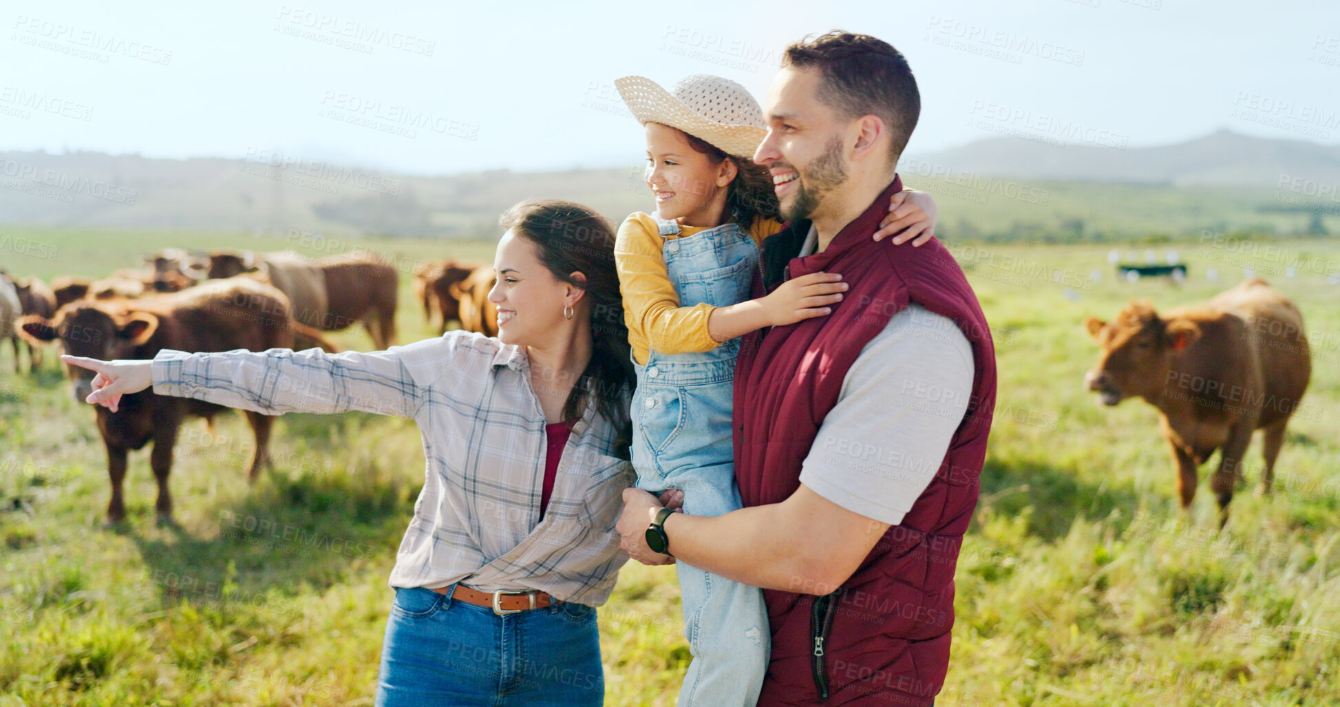 Buy stock photo Cattle in field with mother, father and child in farming, countryside with agriculture and love in nature together. Agro family farm, small business and happy parents with girl on grass with cows.