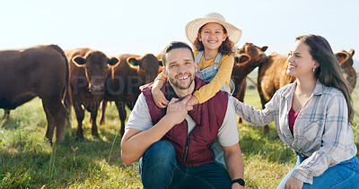 Buy stock photo Portrait of mom, dad and child in cattle farming in countryside field with agriculture, love and happy in nature together. Family farm, small business and parents with girl on grass, cows and smile.
