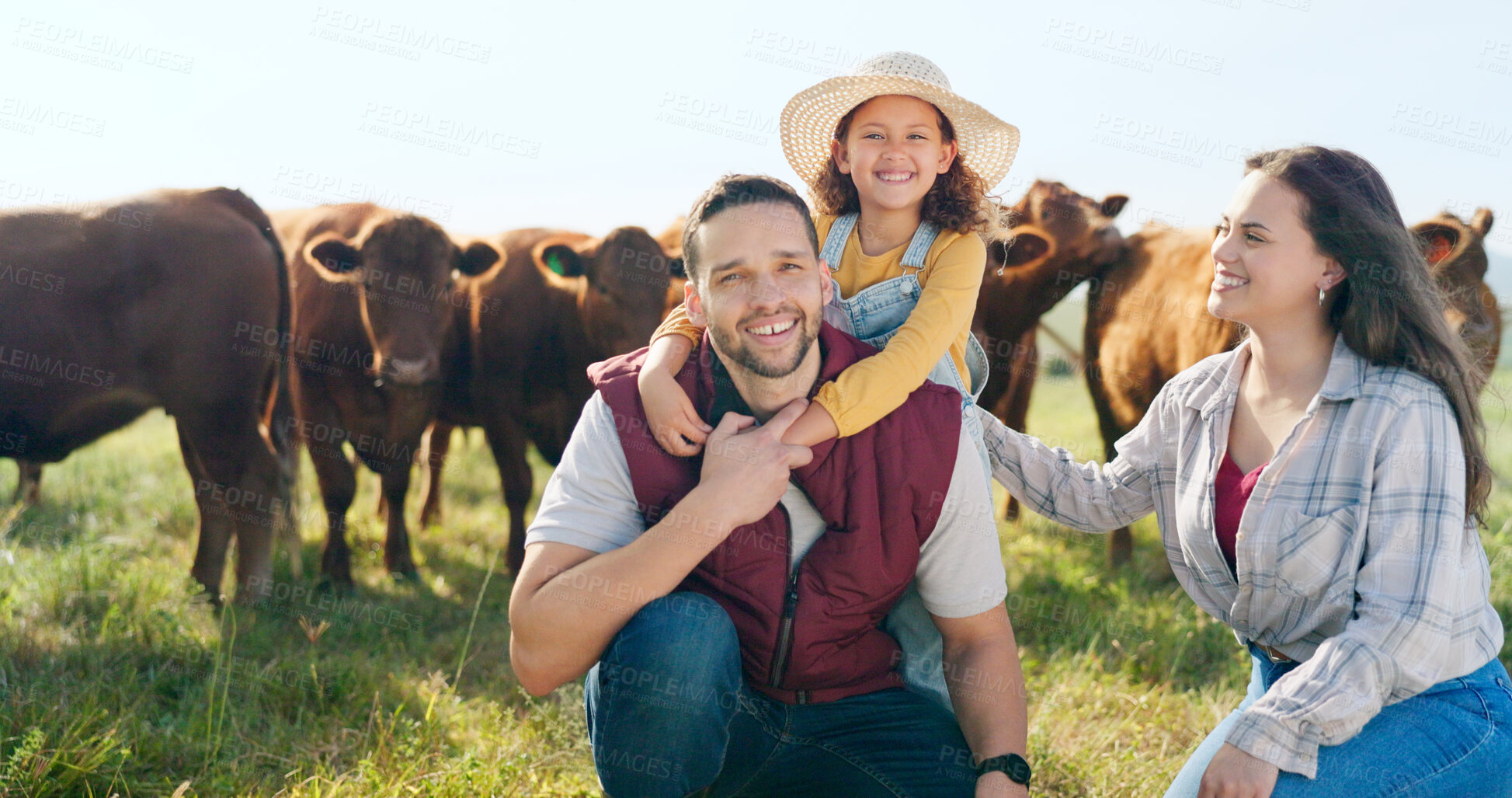 Buy stock photo Portrait of mom, dad and child in cattle farming in countryside field with agriculture, love and happy in nature together. Family farm, small business and parents with girl on grass, cows and smile.