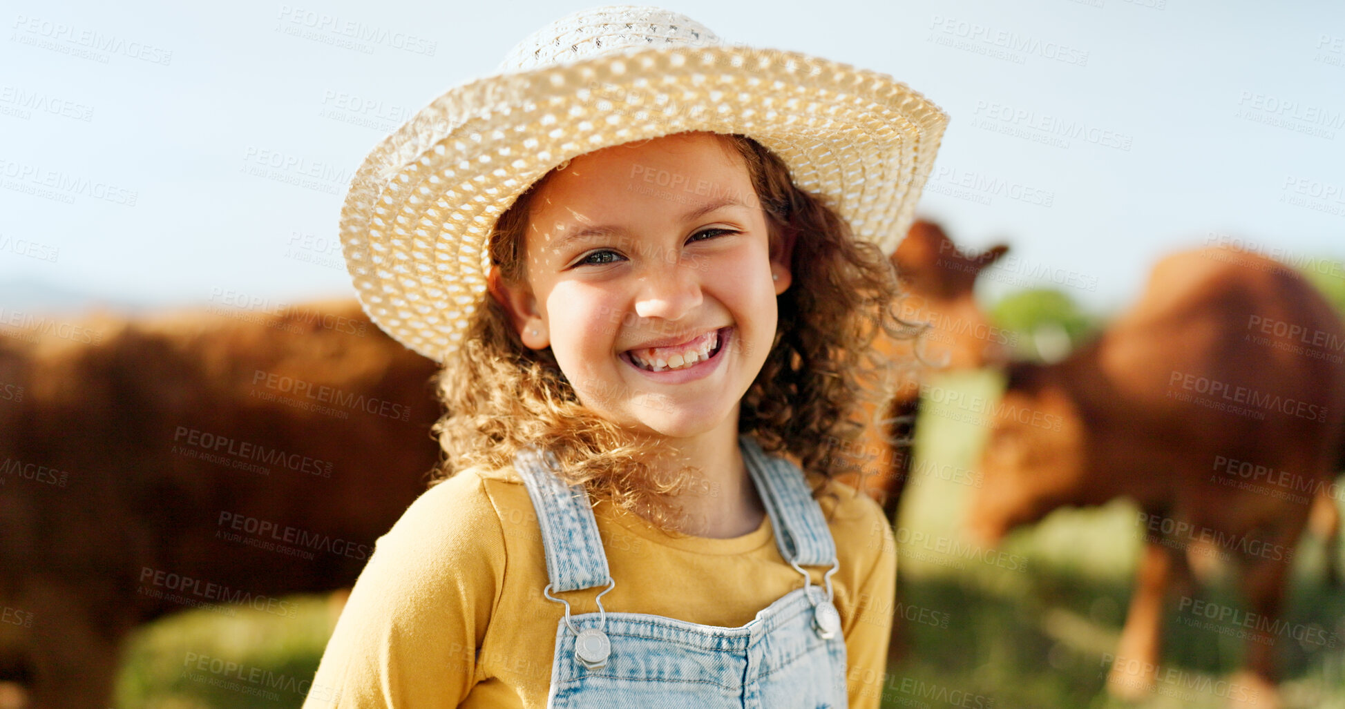 Buy stock photo Girl child, portrait smile and farm with animals enjoying travel and nature in the countryside. Kid, happiness and agriculture for life and sustainability in farming and cattle on blurred background