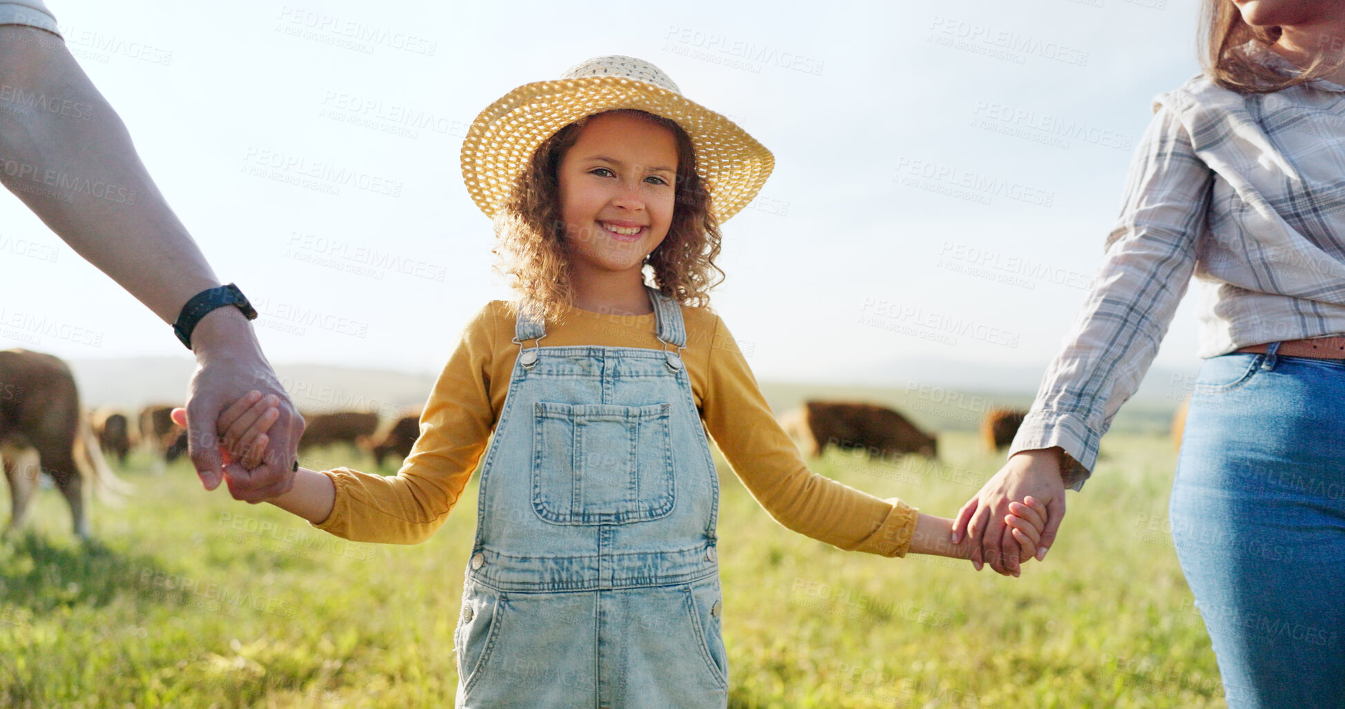 Buy stock photo Portrait of child holding hands with parents, cow farming in countryside and agriculture with love in nature together. Family farm, support and happy mom, dad and girl on grass with cattle in field.