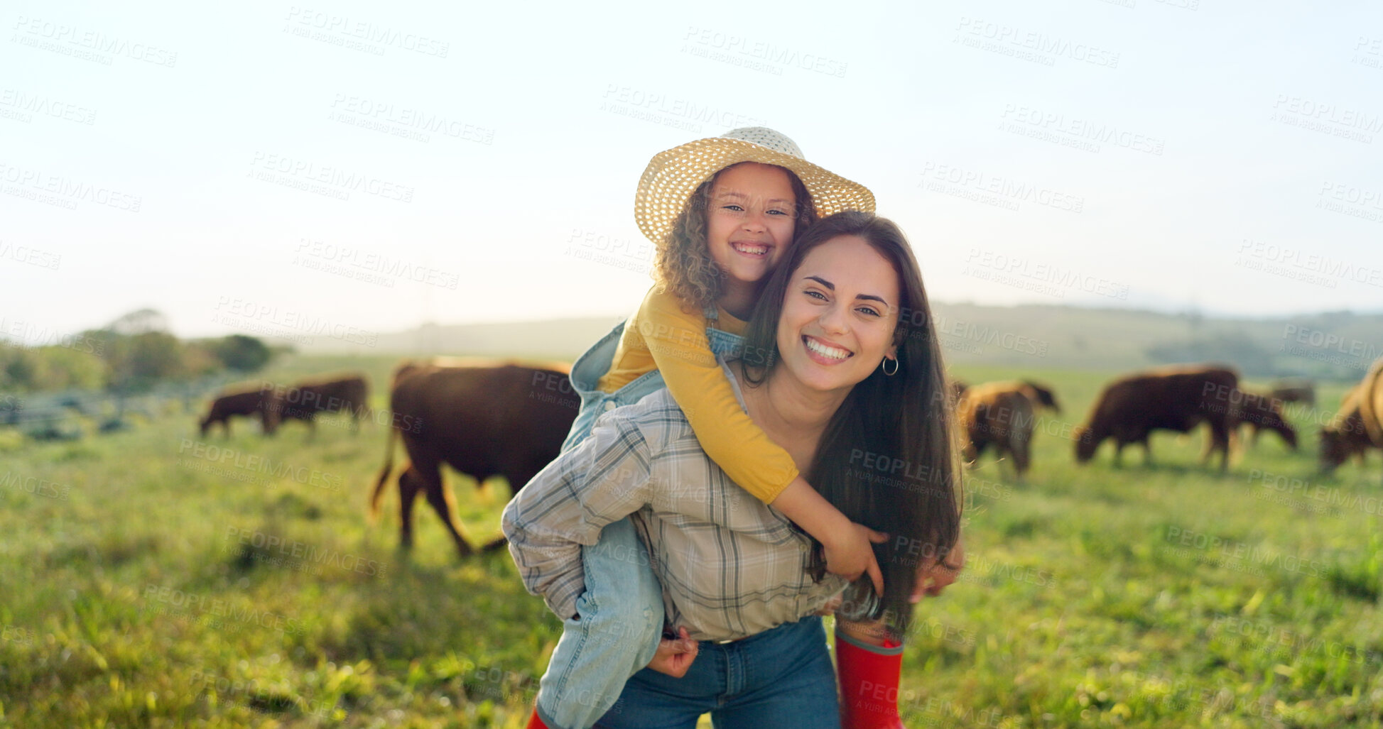 Buy stock photo Farm, piggyback and a mother carrying her daughter with cattle for agriculture in a field for sustainability. Countryside, family and a farmer woman with her girl child outdoor for dairy farming