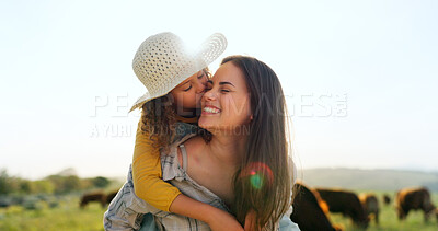 Mother, child on farm, hug and bonding in the countryside, together farming, mom piggy back kid with fun outdoor in nature. Happy, woman and girl, agriculture and field, sustainability and cattle.