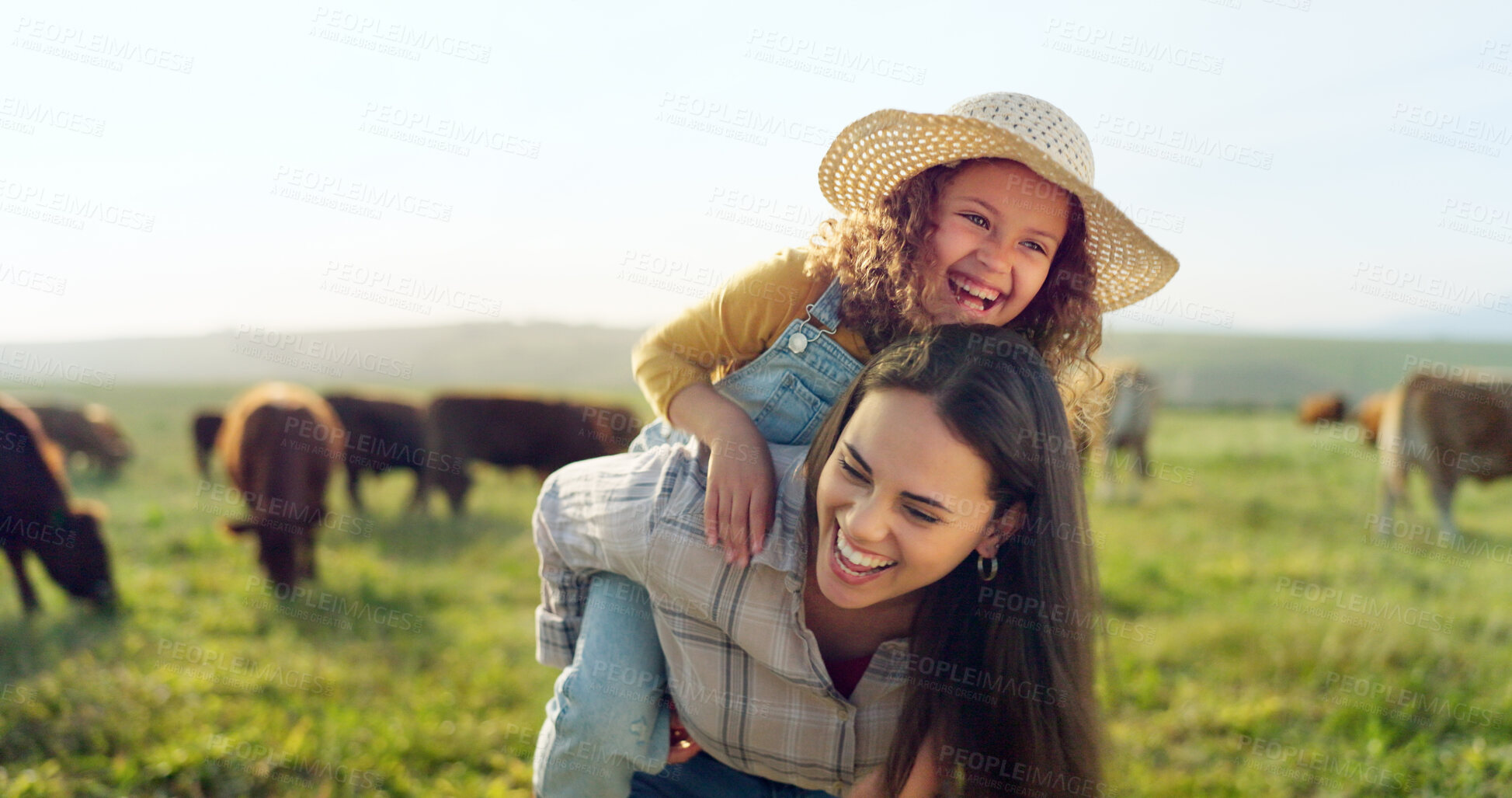 Buy stock photo Farm, family laughing and a mother with her daughter together for agriculture in a field for sustainability. Countryside, funny and a farmer woman with her girl child outdoor for dairy farming
