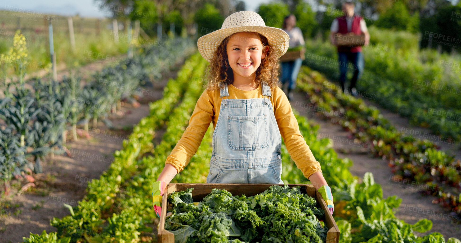 Buy stock photo Girl child, box and vegetables at farm, portrait and smile with pride, outdoor and harvest in sunshine. Female kid, learning and excited with container, farming and agro sustainability in countryside