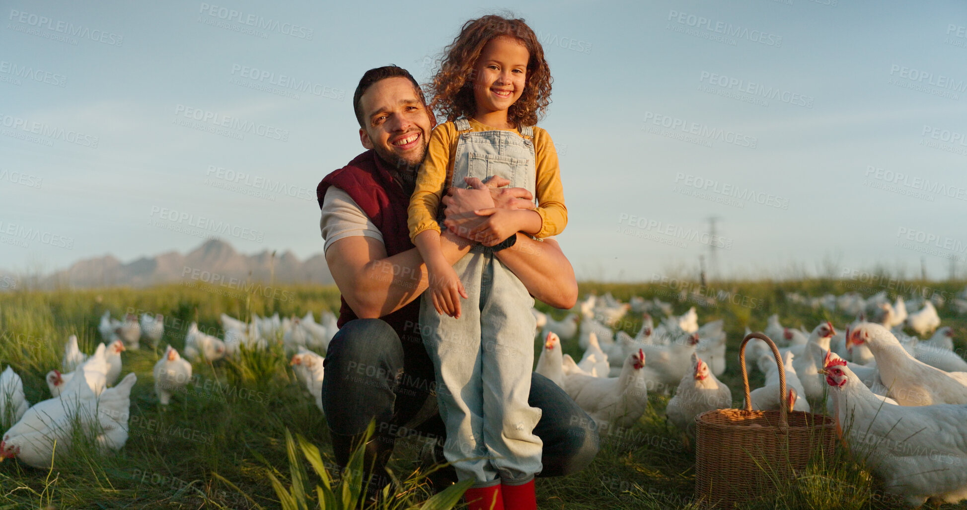 Buy stock photo Chicken in field, portrait of dad and child egg farming in countryside with agriculture, love and happiness in nature together. Agro poultry farm, father and girl on grass with birds, hug and smile.