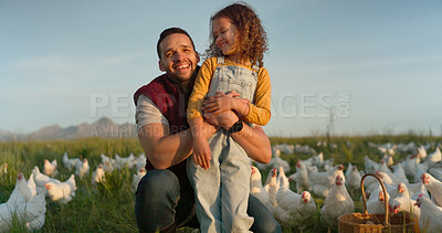 Man with girl, happy chicken farmer and organic livestock sustainability farming planning for healthy harvest. Child smile at dad, sustainable egg farm and free range eco friendly poultry agriculture