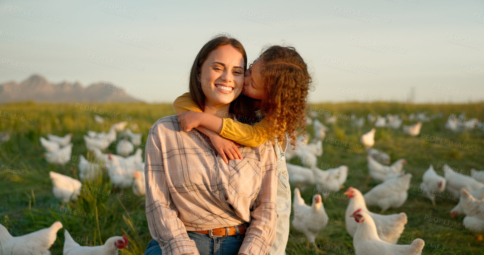 Buy stock photo Chicken on farm, mother and child kiss with egg farming in countryside for agriculture, love and poultry in nature. Sustainable agro farmer, mom and girl embrace on grass with birds, hug and smile.