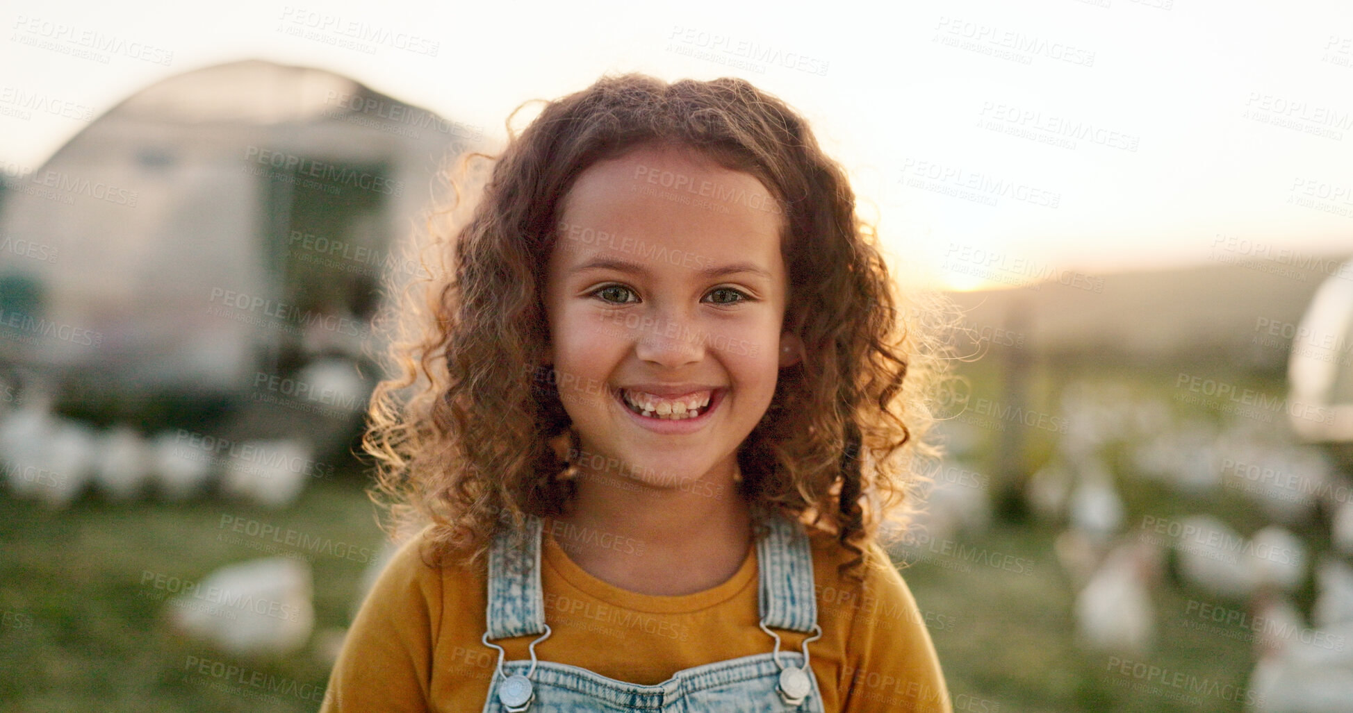 Buy stock photo Chicken, smile and portrait of girl on a farm learning about sustainable agriculture in the countryside of Spain. Happy face, child and poultry farming of animals, bird and outdoor on field in nature