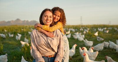 Hug, child and mother on a farm with chicken on mothers day, travel or holiday in Argentina together. Happy, portrait and kiss from girl with her mama on a field with animals during vacation