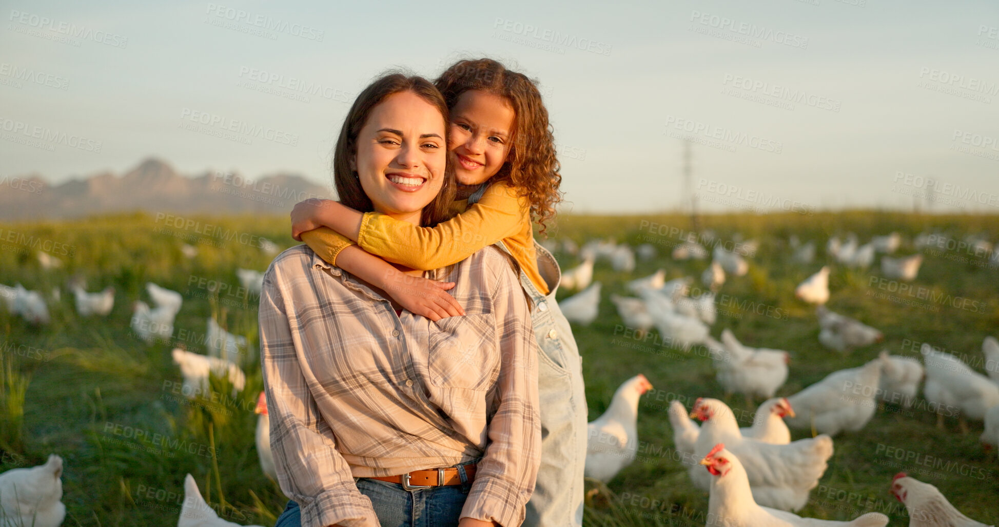Buy stock photo Agriculture, chicken and portrait of mother and daughter on farm for sustainability, environment or livestock industry. Hug, nature and love with woman and child in countryside for animals and family