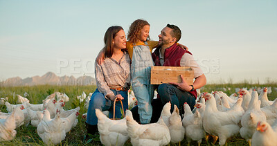 Chicken farming, eggs and family on field for sustainability love, care and countryside lifestyle on blue sky mock up. Agriculture, sustainable mother, father with child for food production industry