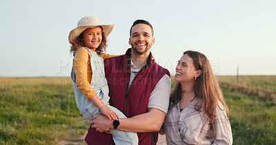 Family, mother and father with girl, on holiday and in countryside together being relax, happy and smile. Portrait, mom and dad holding daughter or child on vacation, enjoy fresh air and bonding.