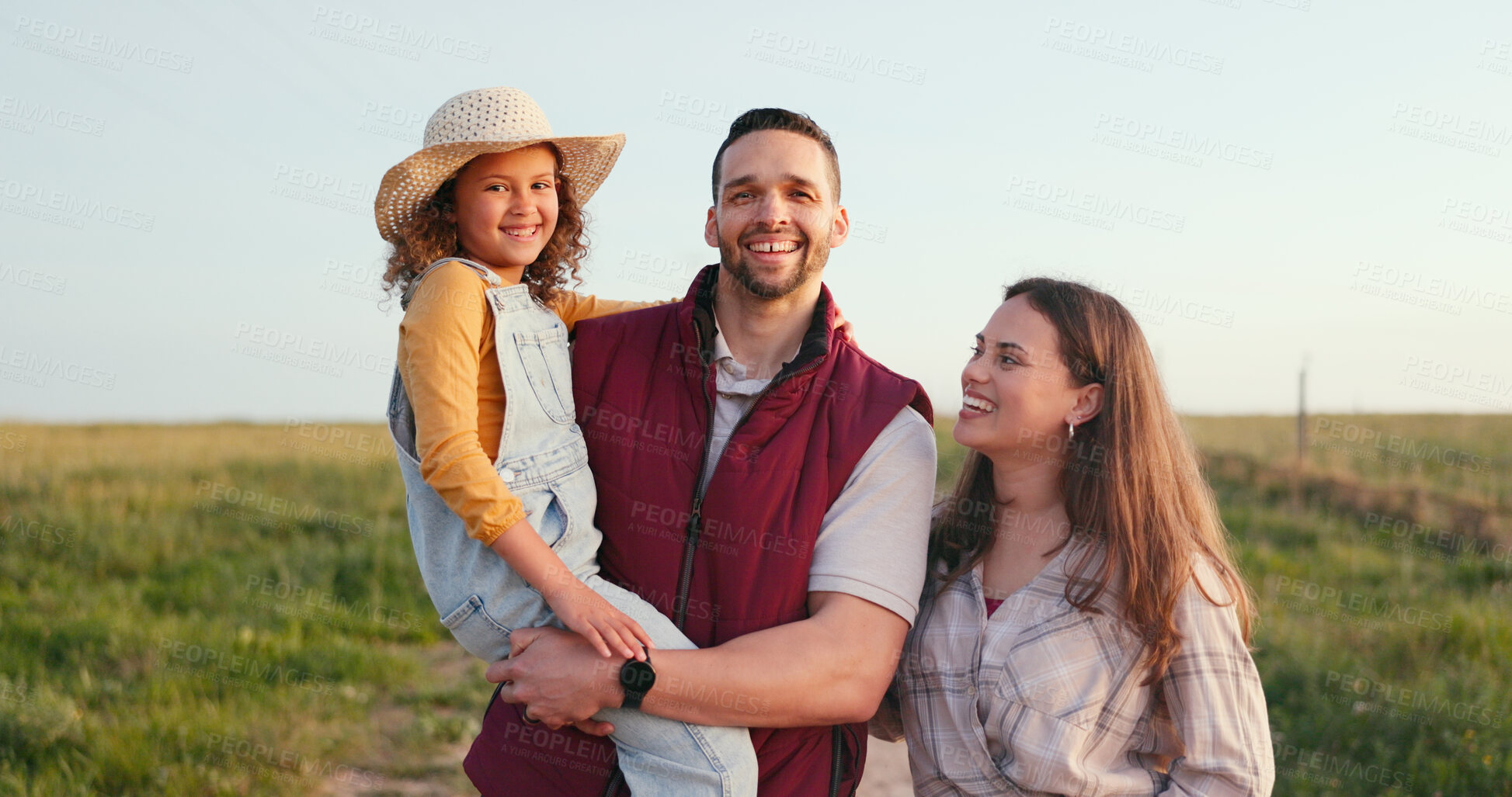 Buy stock photo Agriculture, happy and portrait with family on farm for sustainability, environment and industry. Sunset, nature and love with parents and child in countryside field for smile, health and support