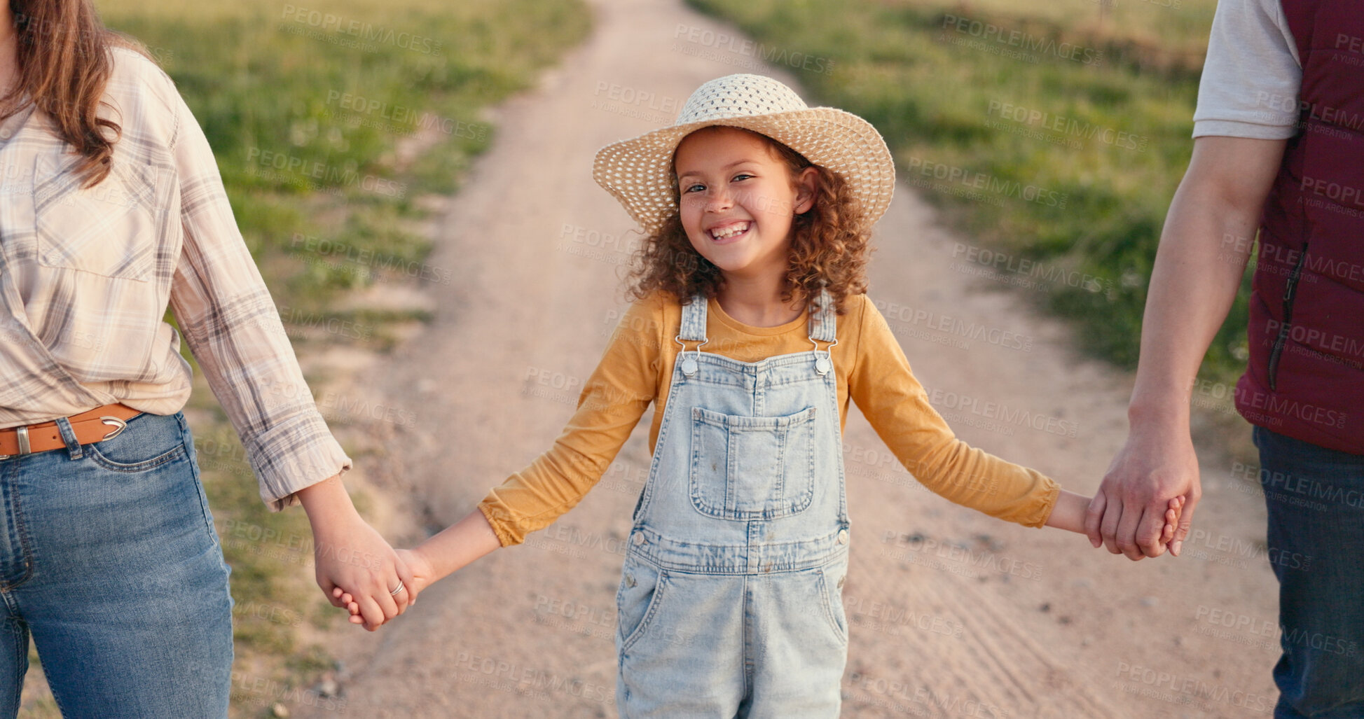 Buy stock photo Girl child, holding hands with parents on farm, agriculture and smile in portrait with support and love in the countryside. Farmer people in nature, sustainable and agro business with family outdoor