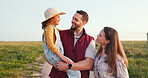 Family, mother and father with girl, on holiday and in countryside together being relax, happy and smile. Portrait, mom and dad holding daughter or child on vacation, enjoy fresh air and bonding.