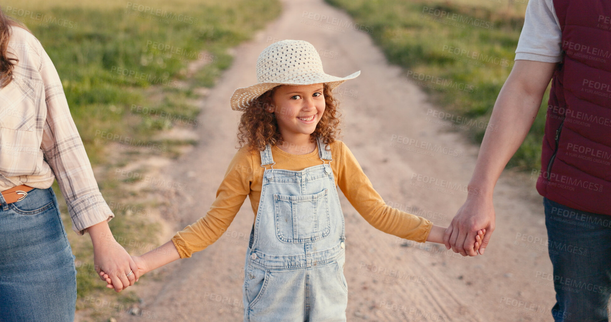 Buy stock photo Girl kid, holding hands with parents on farm, agriculture and smile in portrait with support and love in the countryside. Farmer people in nature, sustainable and agro business with family outdoor