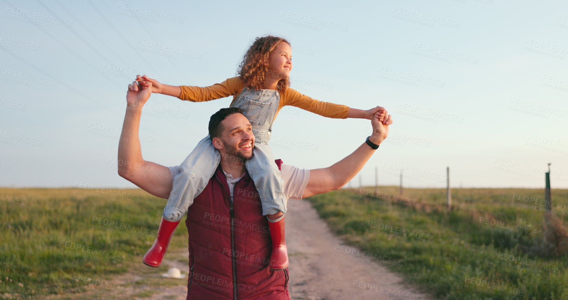 Buy stock photo Happy, father and child on shoulders with freedom on a farm  to relax with peace on holiday, vacation or outdoor in summer. Smile, happiness and girl bonding with dad with love, support and nature