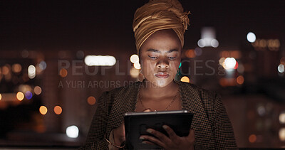 Tablet, night and balcony with a business black woman doing research while working outdoor at her office. Finance, accounting and data with a female employee using an online search app outside