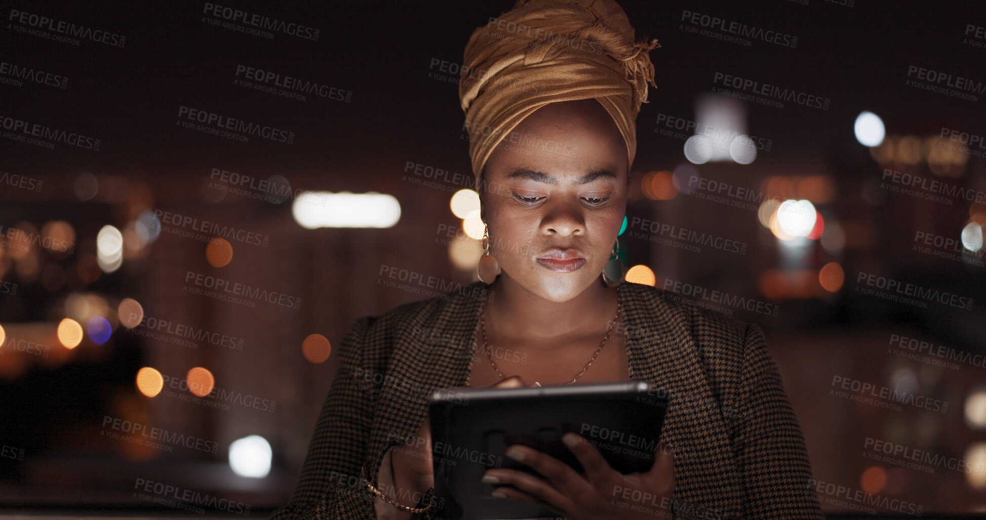 Buy stock photo Night, corporate and black woman reading tablet data, research and working on network application analytics. City, rooftop and media analyst analysis of web traffic, app or search engine advertising