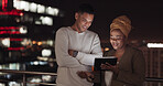 Communication, night balcony and business people working, talking or review online social media feedback. New York city rooftop, teamwork collaboration and black woman discussion on digital marketing