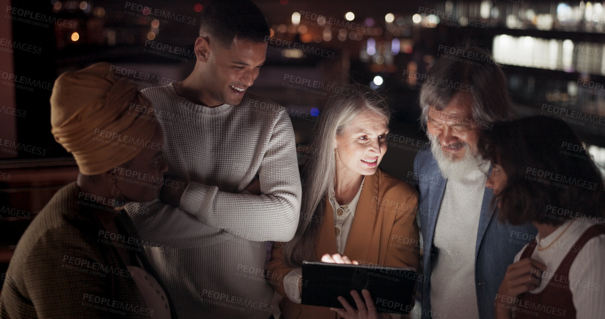 Buy stock photo Tablet, night and an investment team on the balcony of their office together for collaboration or planning. Technology, teamwork and overtime training with a business group in the city for late work