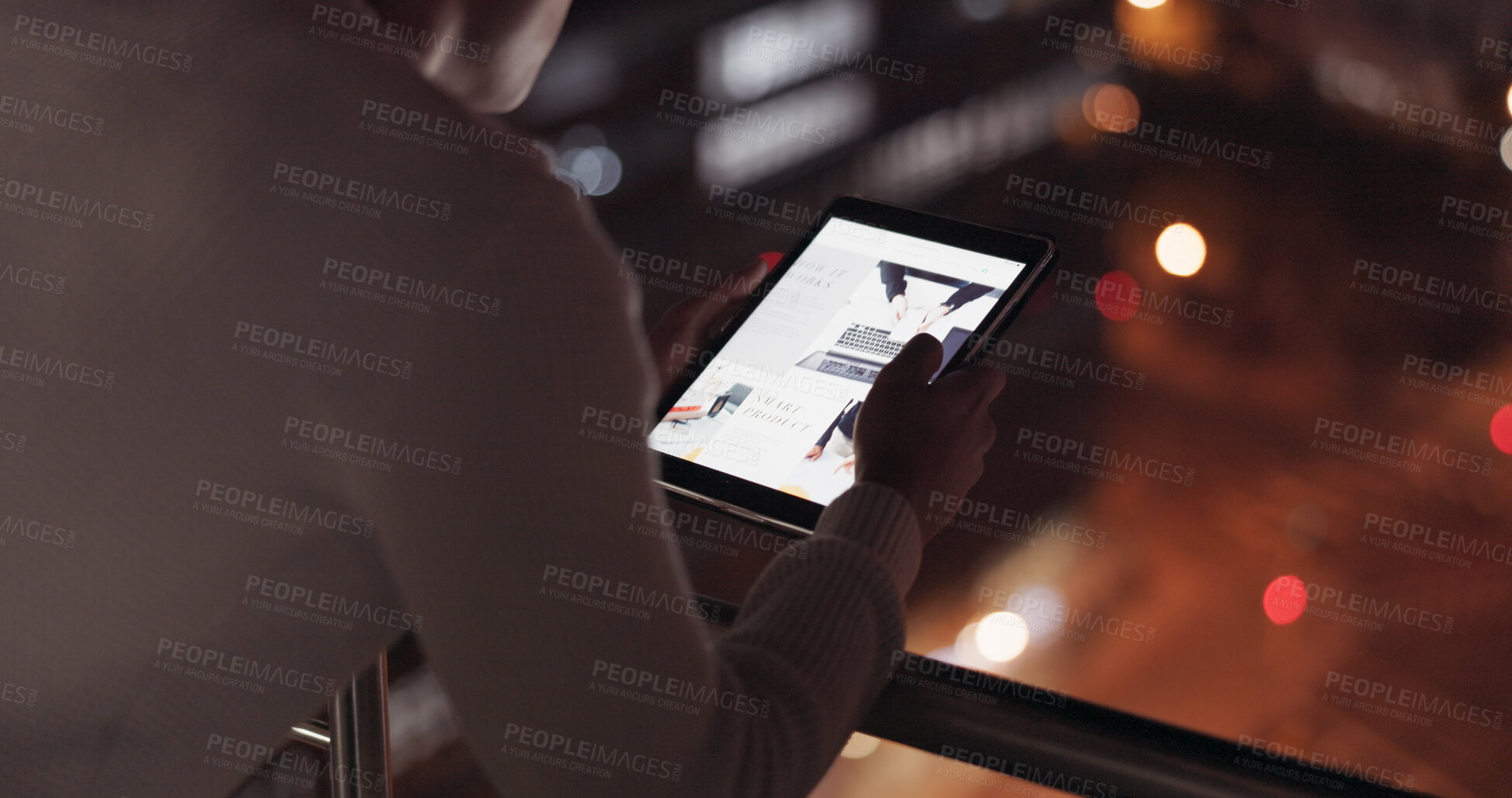 Buy stock photo Tablet, night and closeup of person in the city on a building rooftop scroll on social media or mobile app. Communication, networking and employee browsing on digital technology on balcony in town.