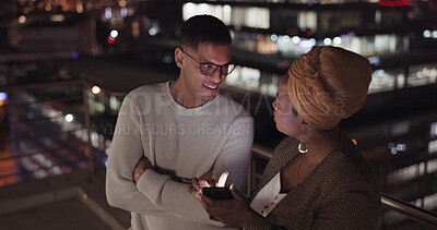 Night, man and black woman with smartphone, connection and social media outdoor. Latino male, Nigerian female and cellphone for communication, share ideas and discussion late evening or online search