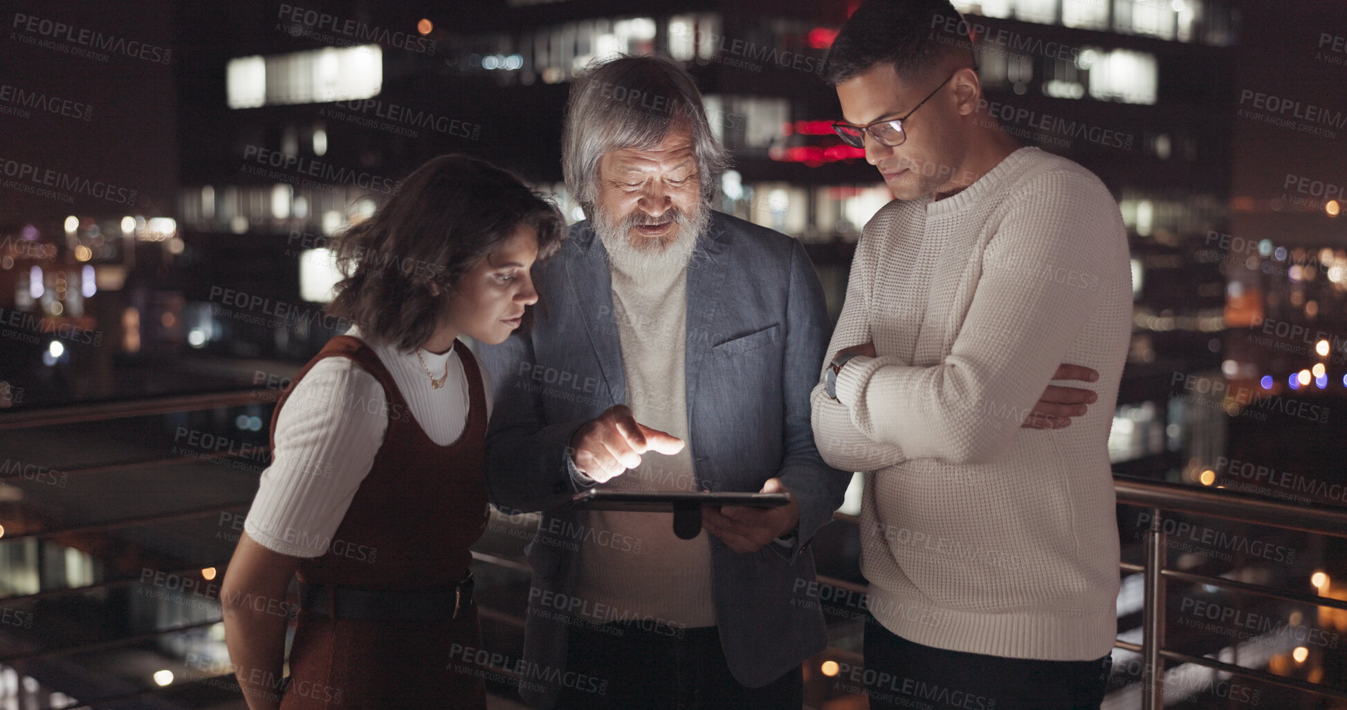 Buy stock photo Tablet, night coaching and business people on the balcony of an office together for collaboration or planning. Technology, teamwork and overtime training with an employee group working late in a city