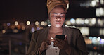 Search, night and phone with business woman in city for communication, social media and networking. Internet, technology and email with black woman on rooftop for app, data and news in New York