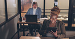 Business, tablet and black woman in office, night and online schedule. Staff, African American female and manager for digital marketing, search internet and social media for connection and employee.