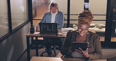 Business, tablet and black woman in office, night and online schedule. Staff, African American female and manager for digital marketing, search internet and social media for connection and employee.