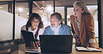 Laptop, tablet and business people teamwork on night project, digital finance portfolio or feedback review of stock market research. Financial economy, investment collaboration and trader trading nft