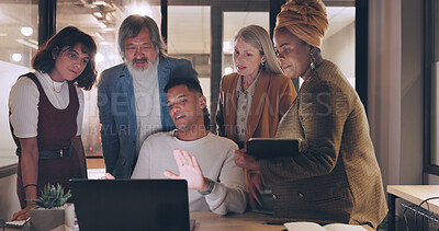 Laptop, tablet and business people teamwork on night project, digital finance portfolio or feedback review of stock market research. Financial economy, investment collaboration and trader trading nft