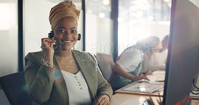 CRM, happy customer service or consultant black woman with smile for success telemarketing, help or communication. Sales advisor, call center or employee for contact us consulting or customer support