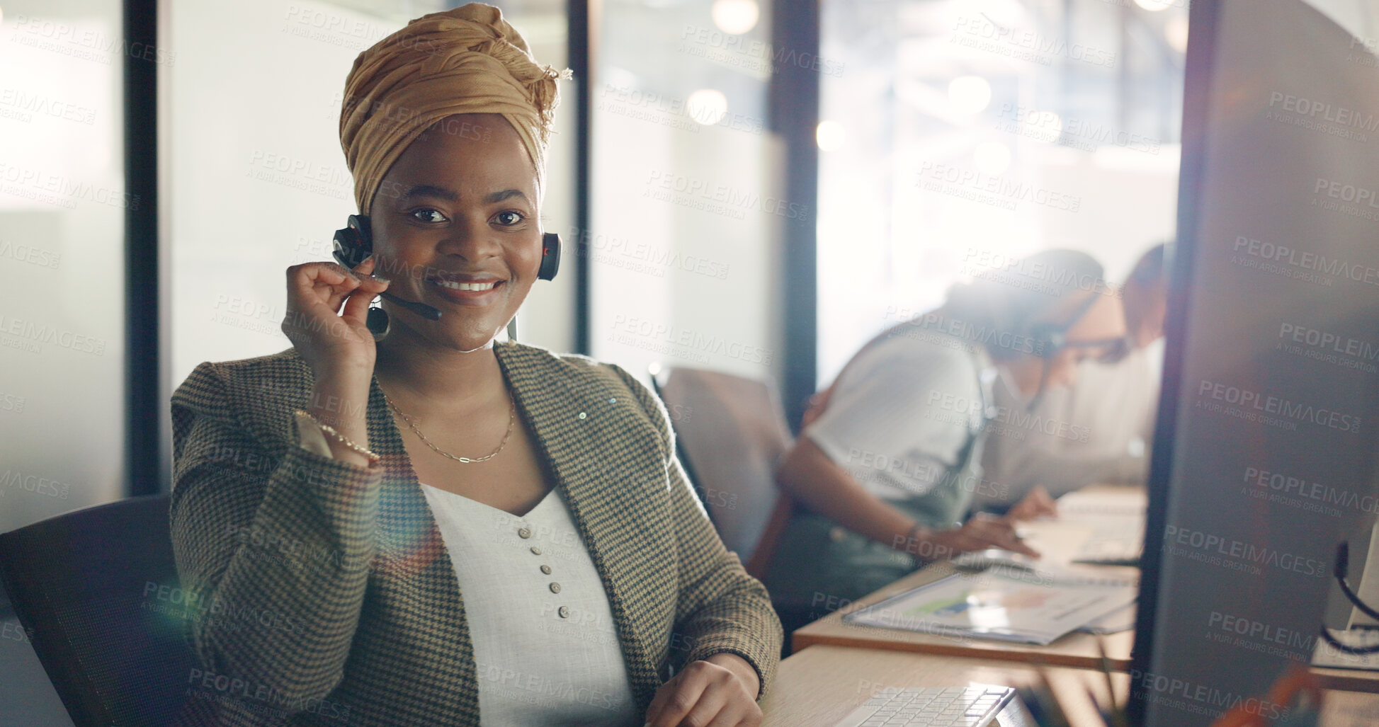 Buy stock photo CRM, customer service and portrait of call center consultant or black woman in office with a smile for technical support, service or help. Telemarketing, employee or contact us for advice in Nigeria