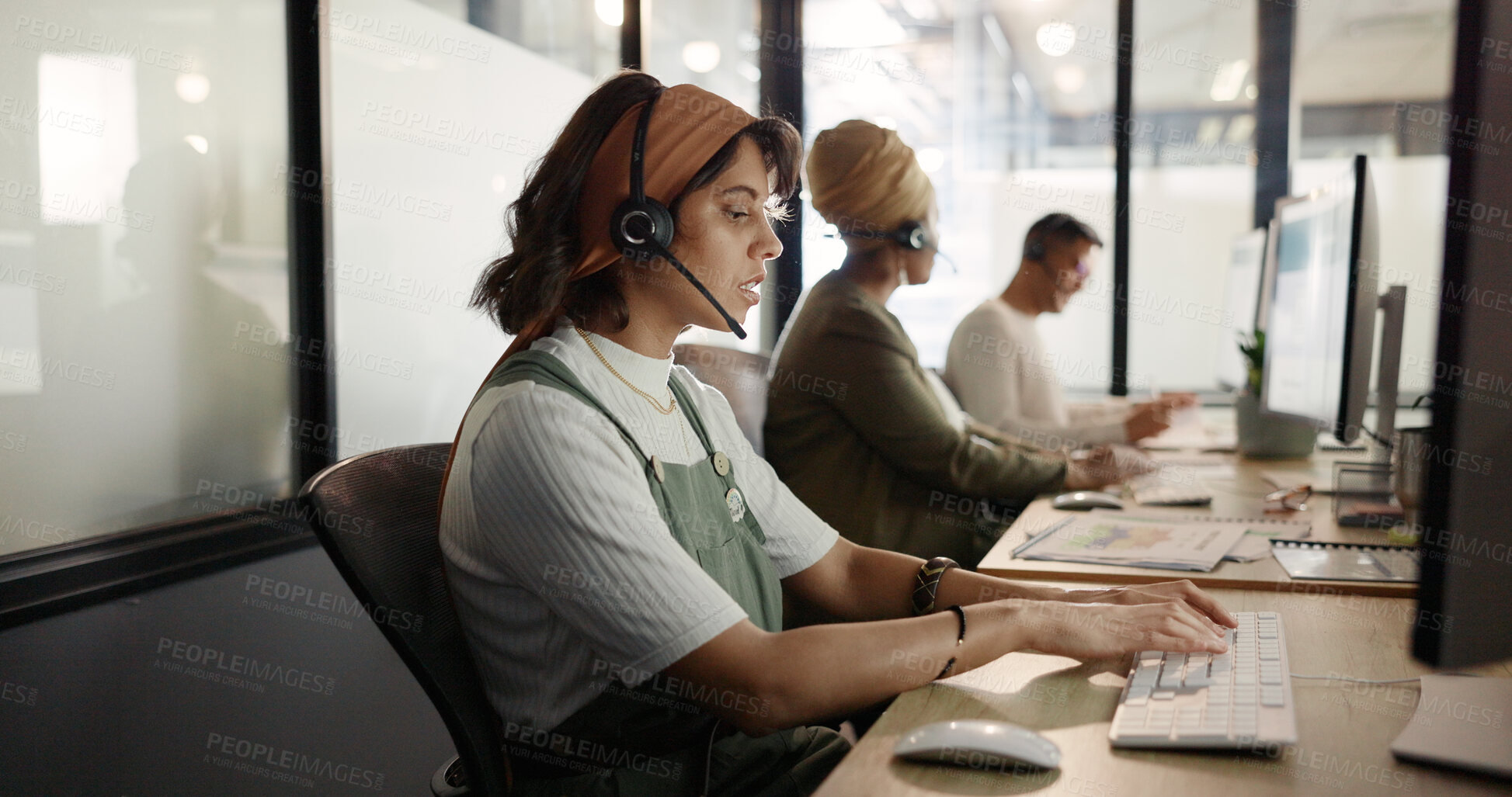 Buy stock photo Customer service, employee and telemarketing with woman, speaking and sales agent with crm, computer and talking. Person, telemarketing and consultant with business, technical support and connection